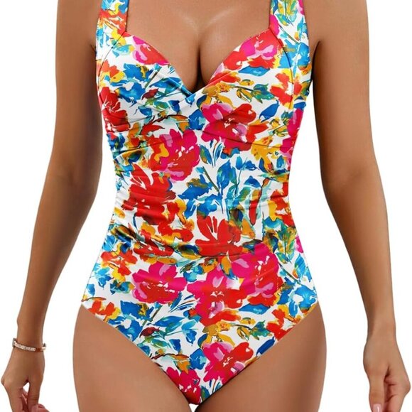 Women's Red Floral Print Tummy Control Swimsuit, Small - Picture 1 of 4